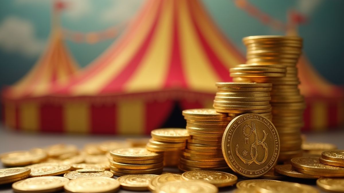Montón de monedas de oro con una carpa de circo al fondo.