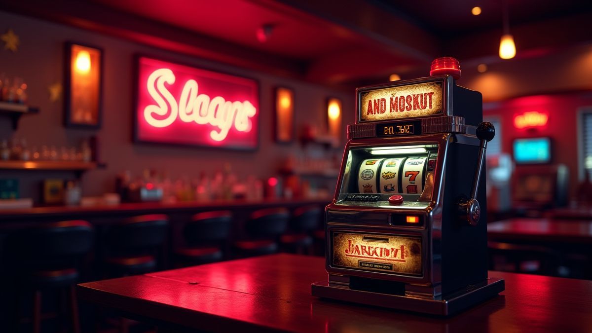 Um bar retro com uma máquina caça-níqueis e luzes de jackpot brilhando.