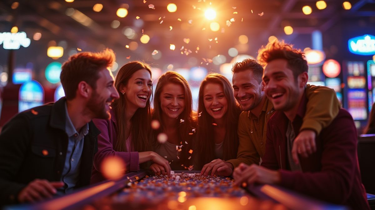Um grupo de amigos celebrando uma vitória no cassino com confete.