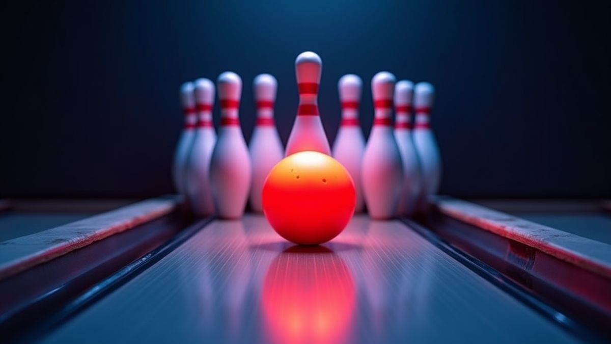 Bolos y bola de bolos iluminada en movimiento.