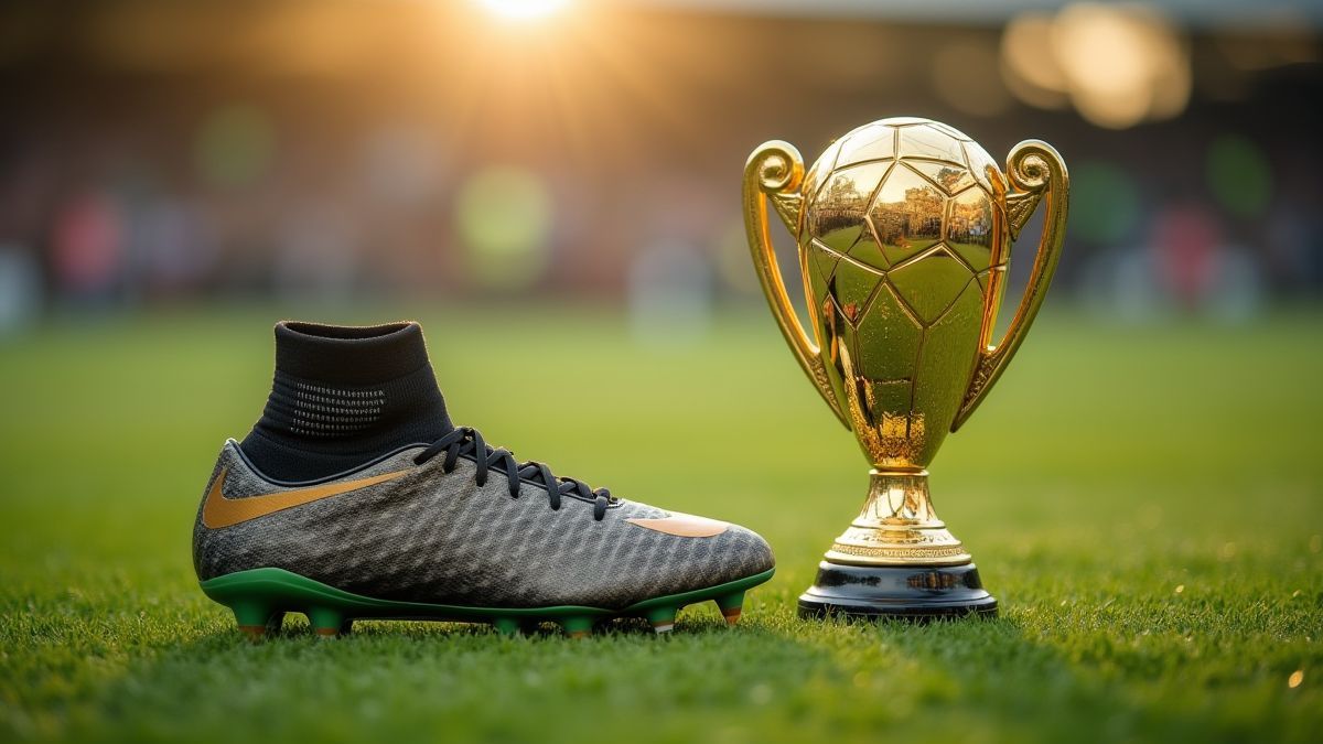 A golden football boot next to a trophy on a grass field.