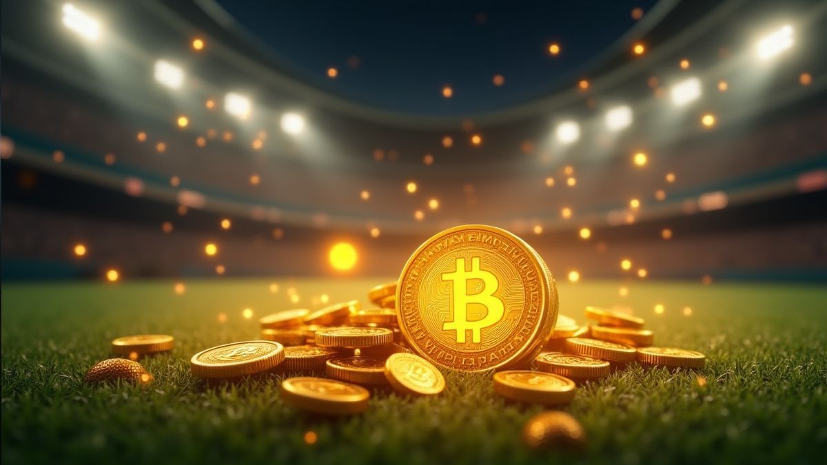 Golden coins and glowing multipliers over a football field.