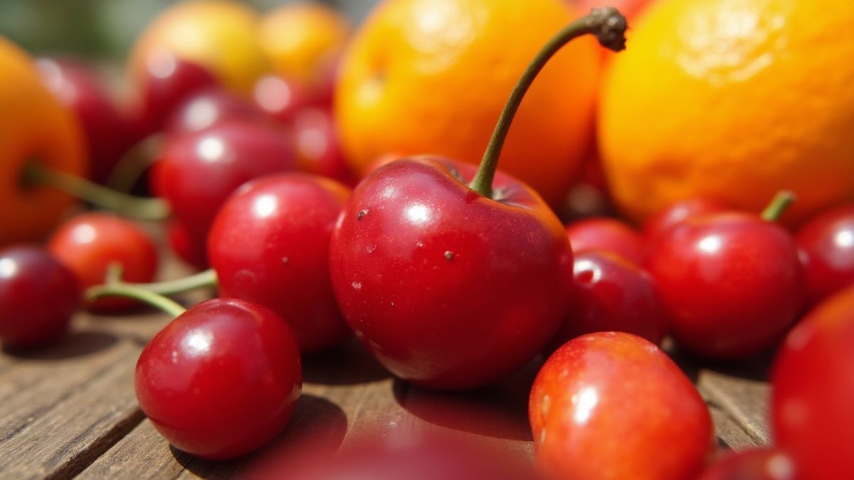 Frutas frescas e coloridas em uma mesa iluminada pelo sol.
