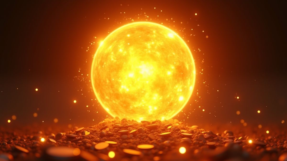 Sol brilhante rodeado de chispas e moedas.
