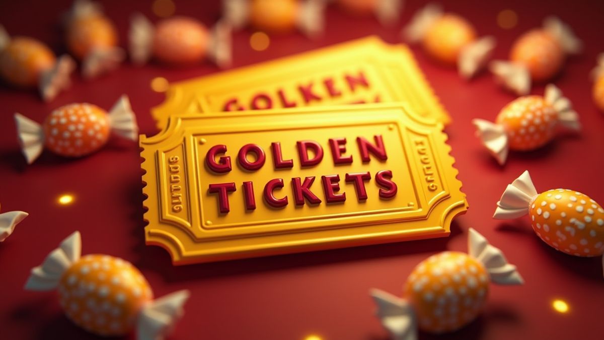 Goldene Tickets umgeben von leuchtenden Süßigkeiten.