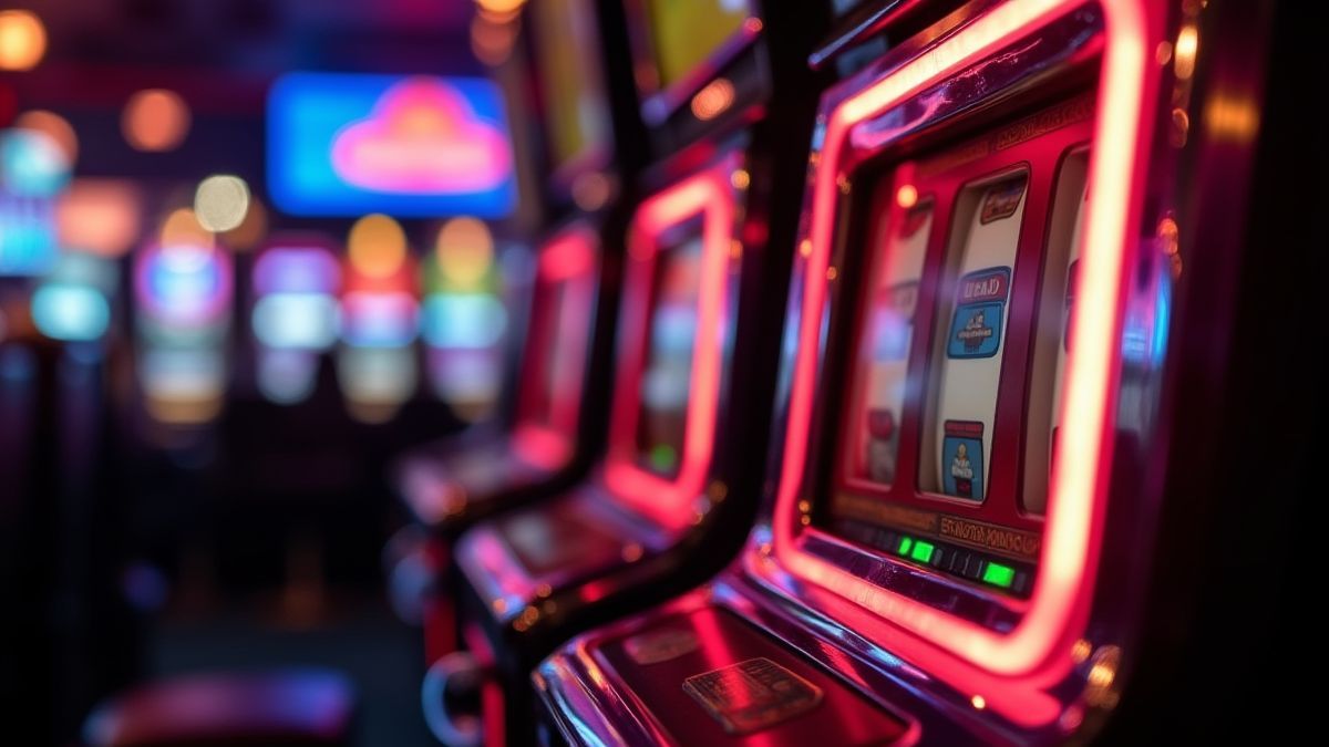 Retro slot with neon lights in a casino.