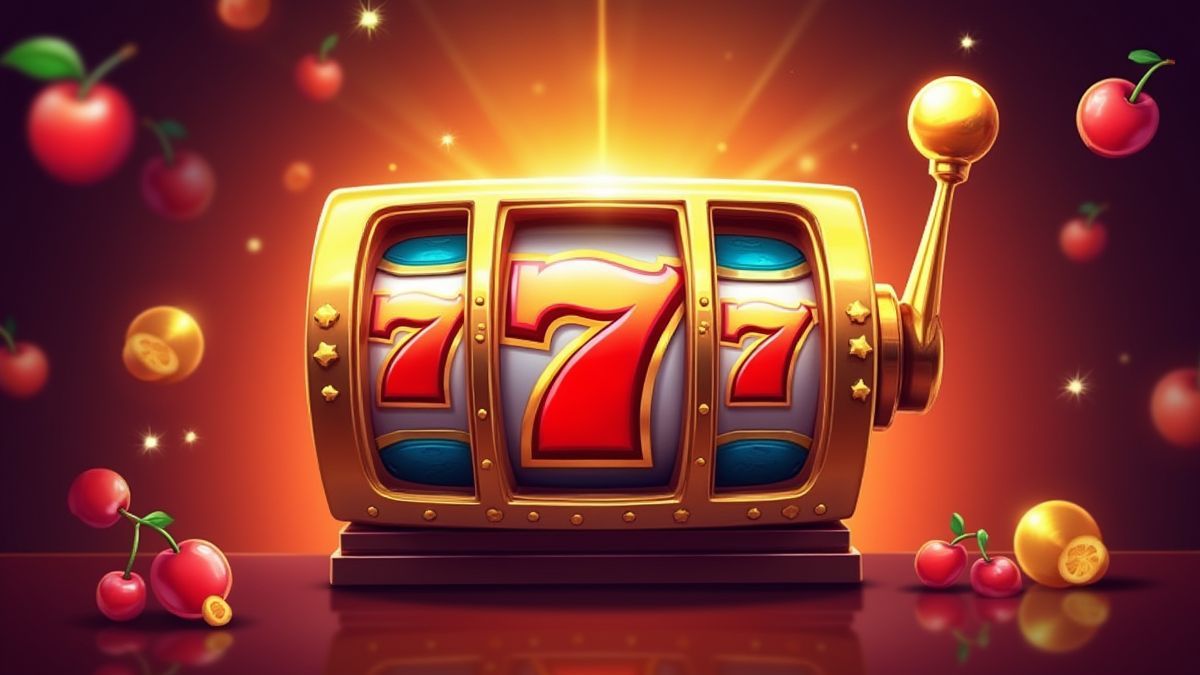 Classic symbols like cherries and the number 7 on a vibrant background.