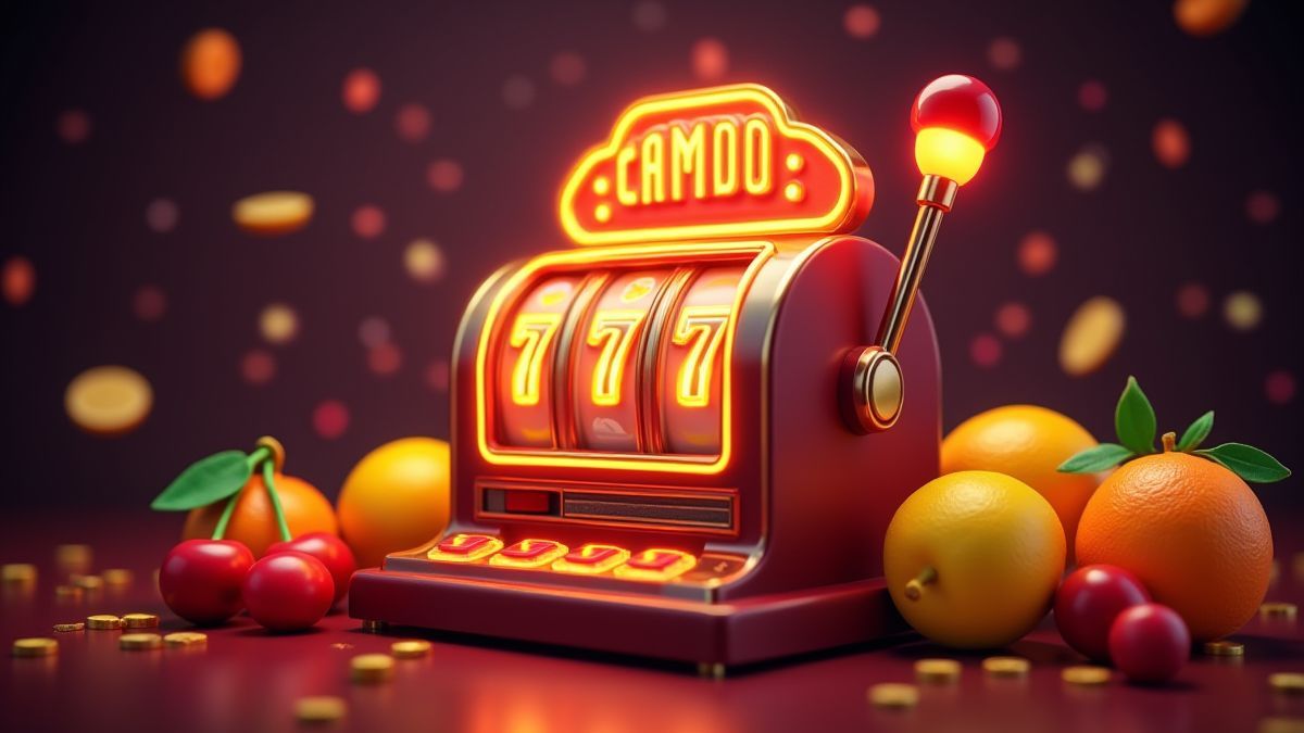 A glowing slot machine surrounded by fruits like cherries, lemons, and oranges.