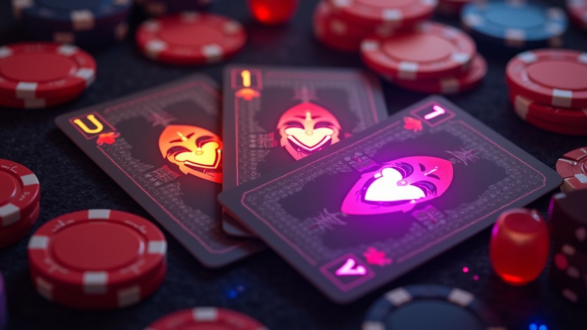 Glowing joker cards surrounded by casino elements like chips and dice.
