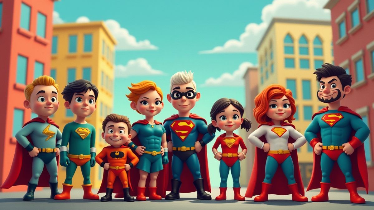 Funny superheroes in a vibrant city.