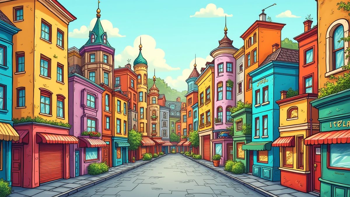 Comic-style city full of color and exaggerated details.