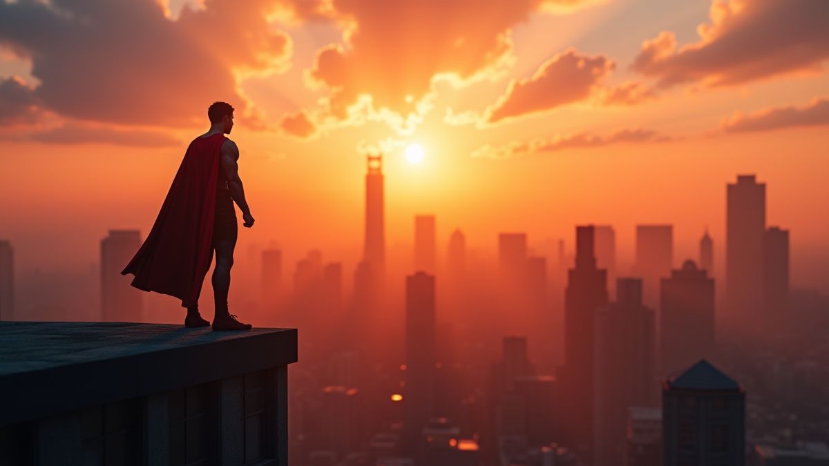 Silhouette van een superheld op een wolkenkrabber bij zonsopgang.