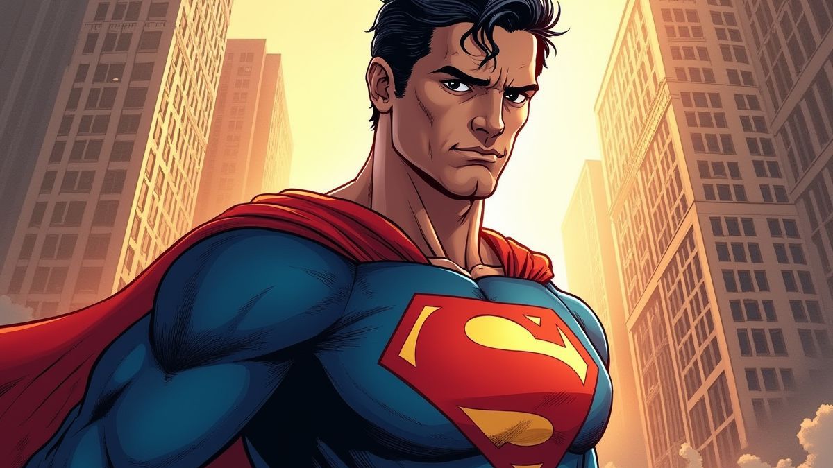 Clark Kent se transformant en Superman devant une ville de comics.