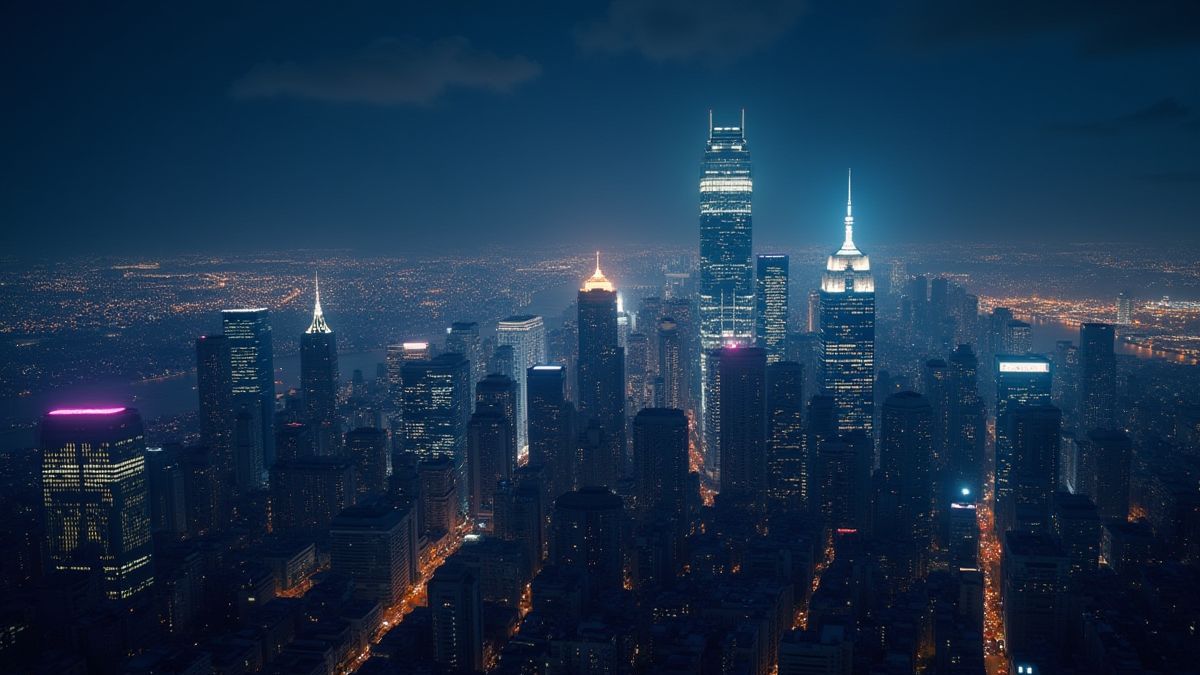 Ville illuminée la nuit avec des gratte-ciels brillants