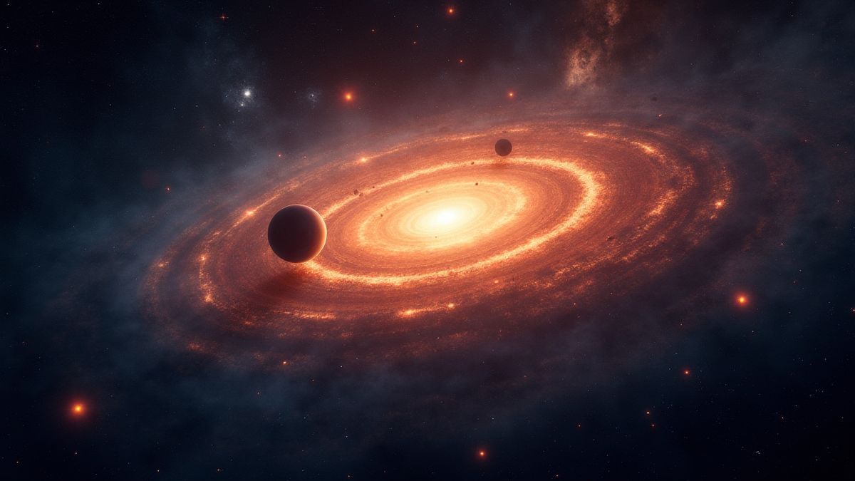 Een heldere galaxie met sterren en planeten in zijn baan.