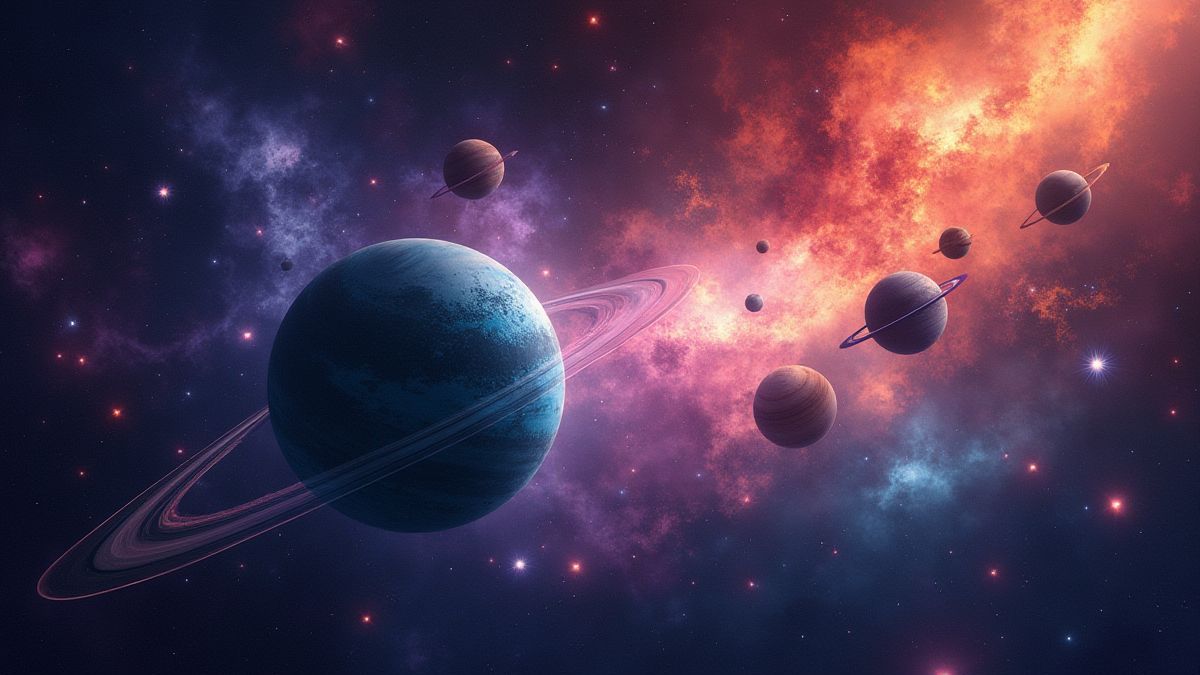 Planeten en sterren met glinsterende effecten.