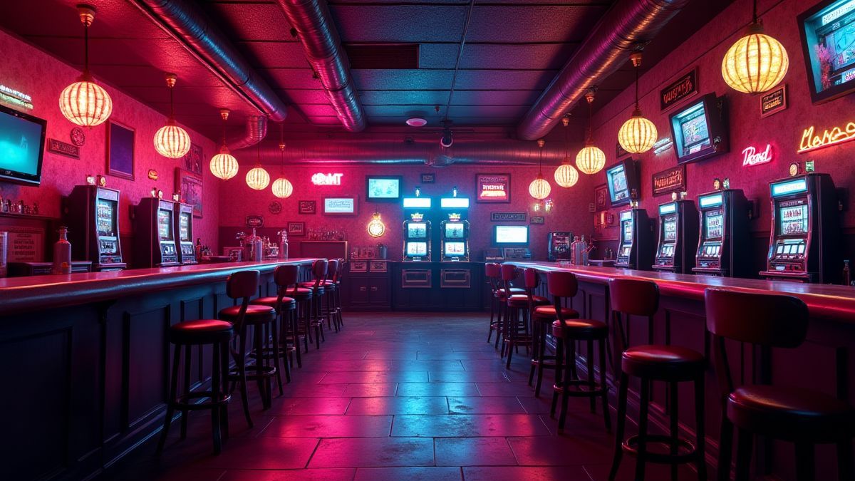 Scene of a retro bar with neon lights and slot symbols.