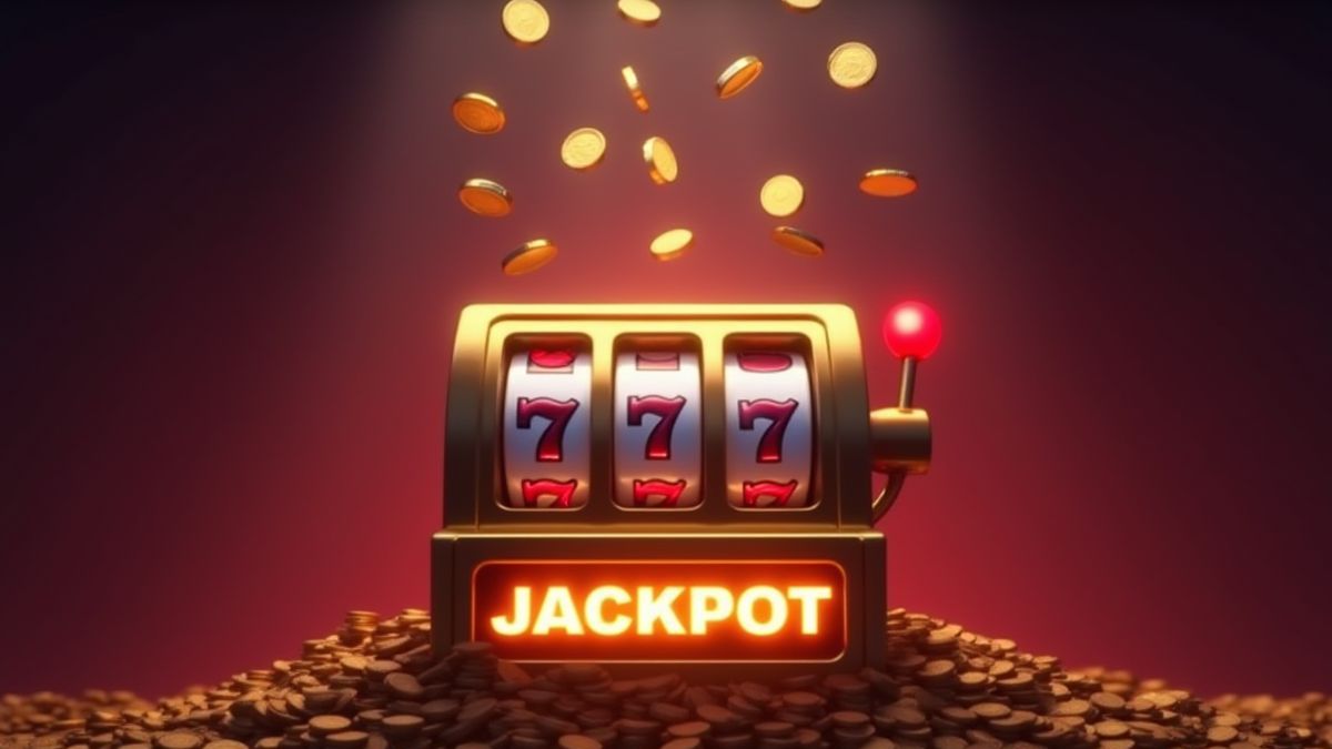 Coins spinning and landing on a slot machine, surrounded by jackpot lights.