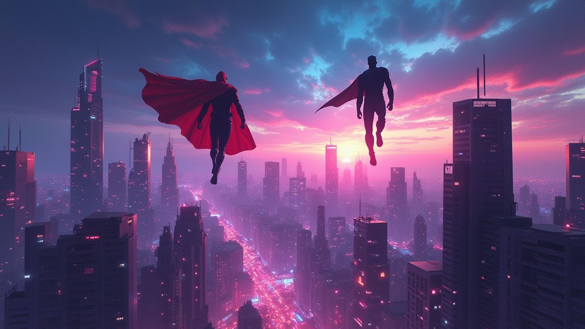 Futuristic city with neon lights and superhero silhouettes