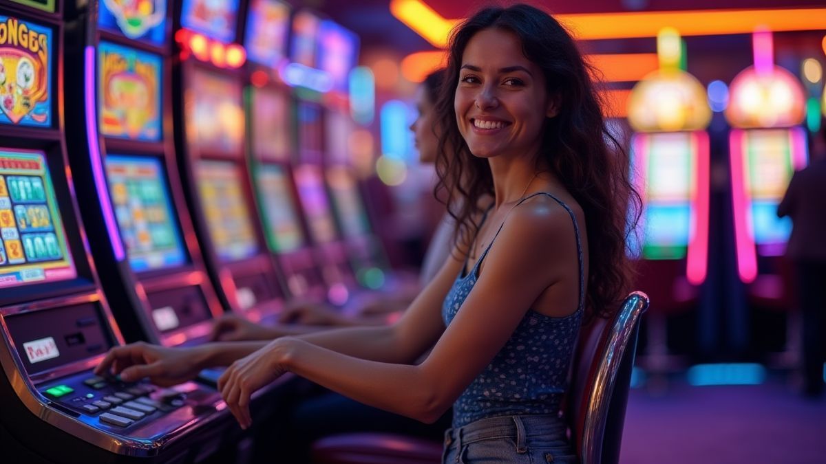 Casino players enjoying a colorful slot machine