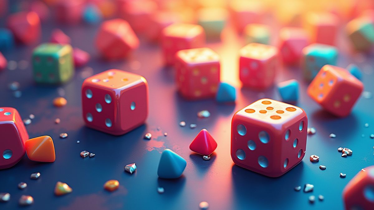 Ilustración digital de dados de colores sobre una mesa.
