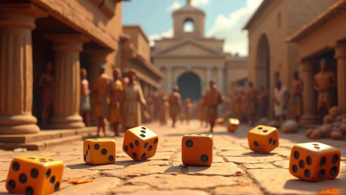Escena animada de dados siendo lanzados en un mercado romano.