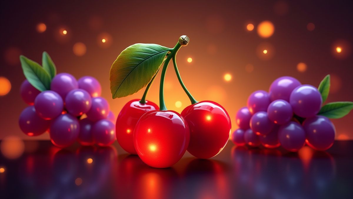 Símbolos de frutas vibrantes en una máquina tragamonedas retro.