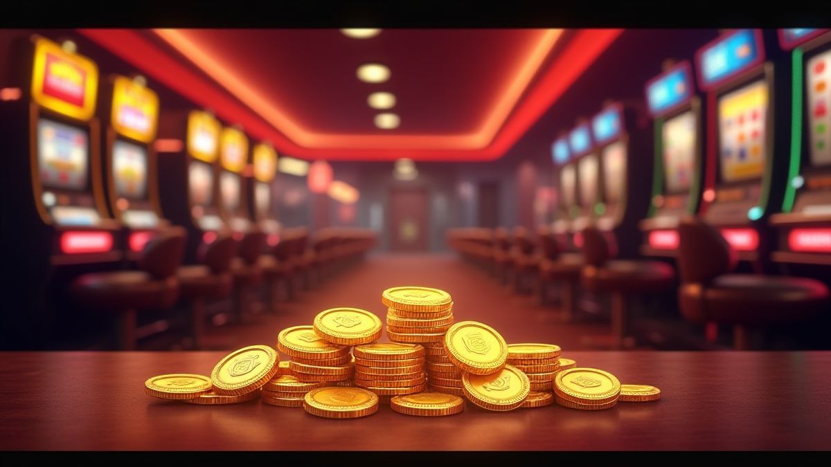 Monedas brillantes y un medidor de jackpot en un casino retro.
