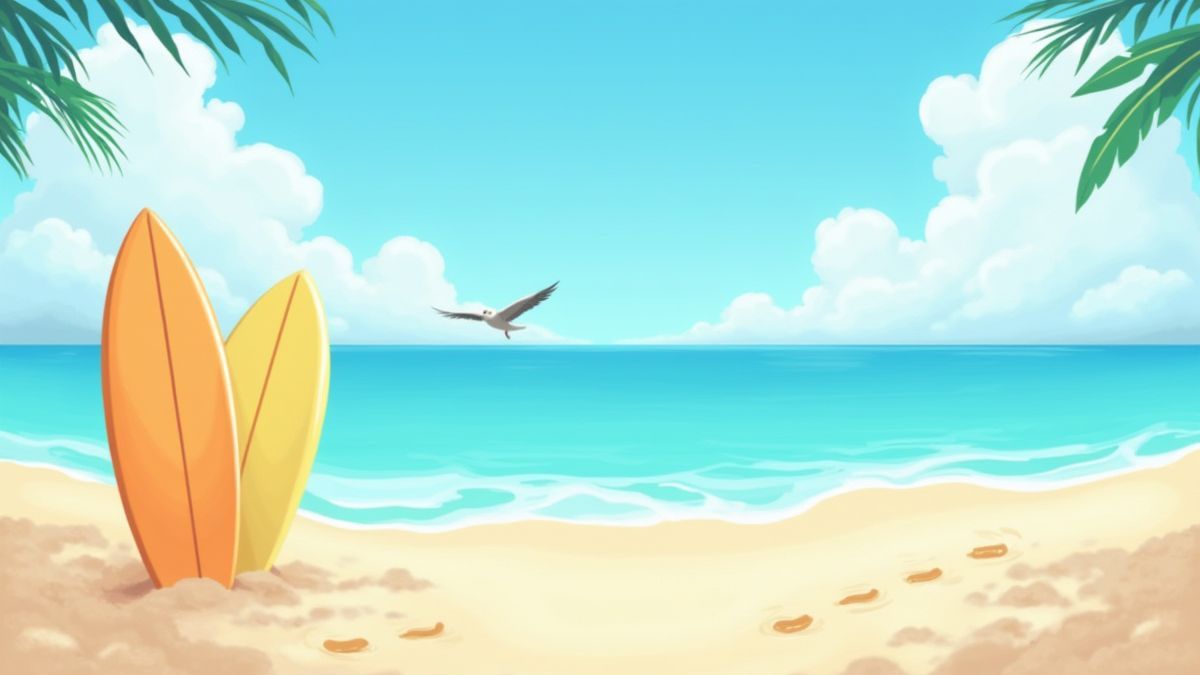 Ilustración de una playa soleada con tablas de surf y gaviotas.