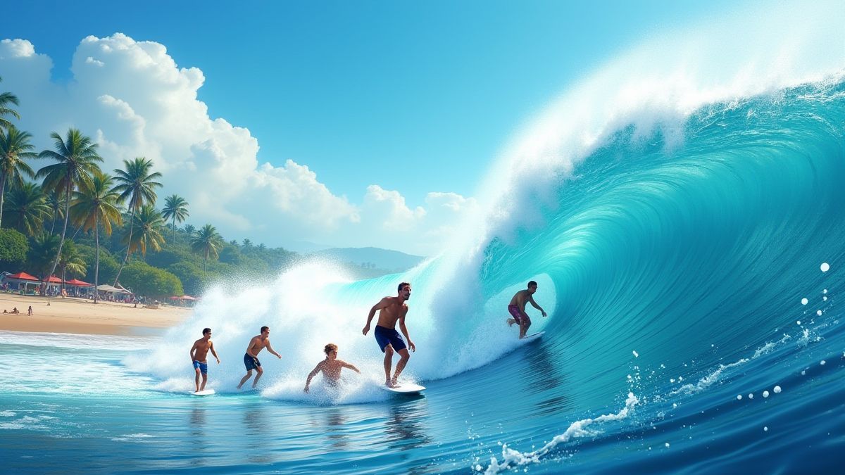 Surfistas en grandes olas con un entorno tropical.