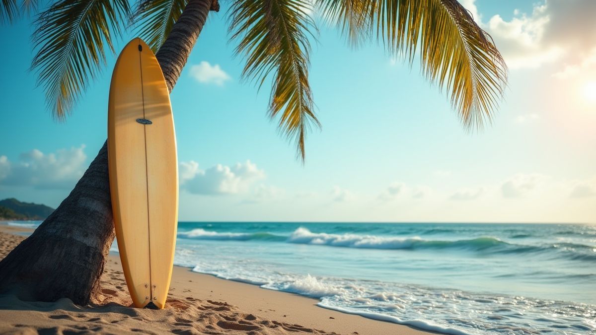 Una tabla de surf apoyada en una palmera con olas del océano al fondo.