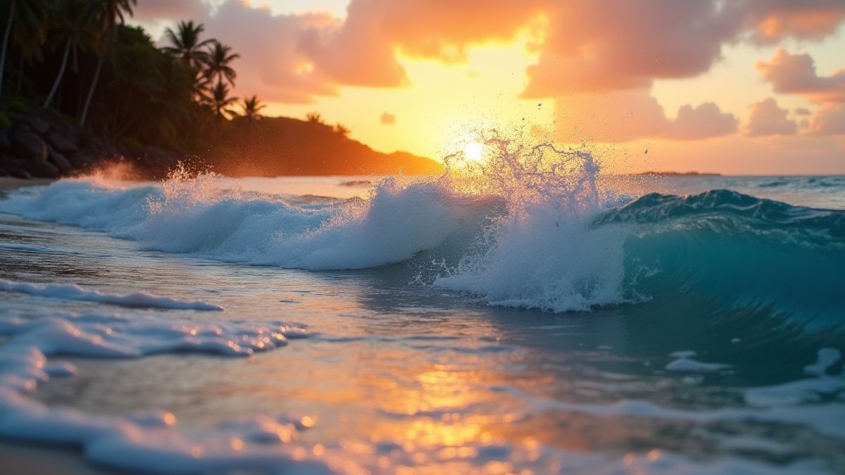 Una ola rompiendo en una playa tropical al atardecer.