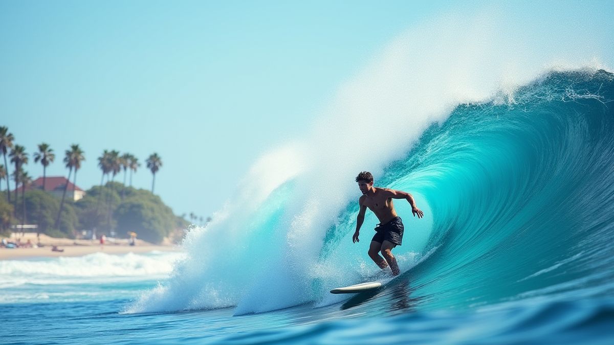 Surfer, der eine große Welle mit Palmen im Hintergrund reitet.