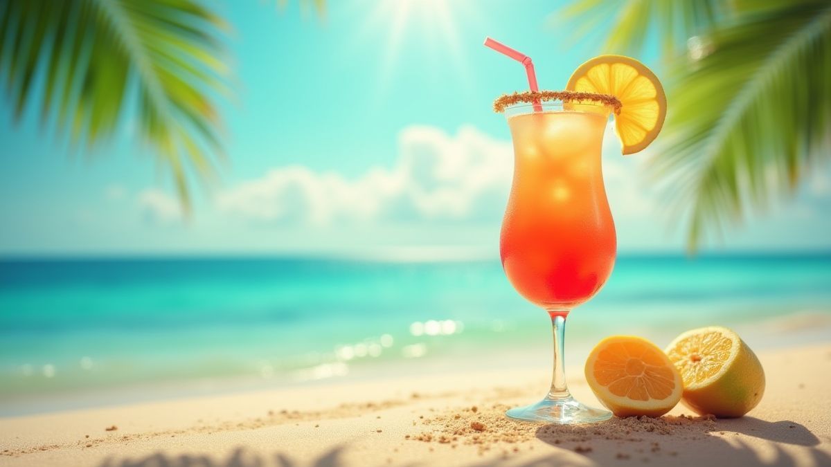 Tropischer Cocktail mit einem Strand im Hintergrund.