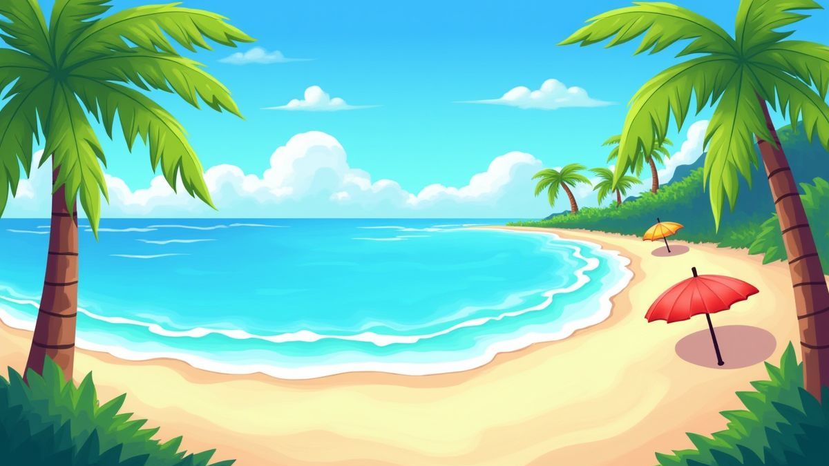 Ein animierter tropischer Strand mit Palmen und Wellen des Ozeans.