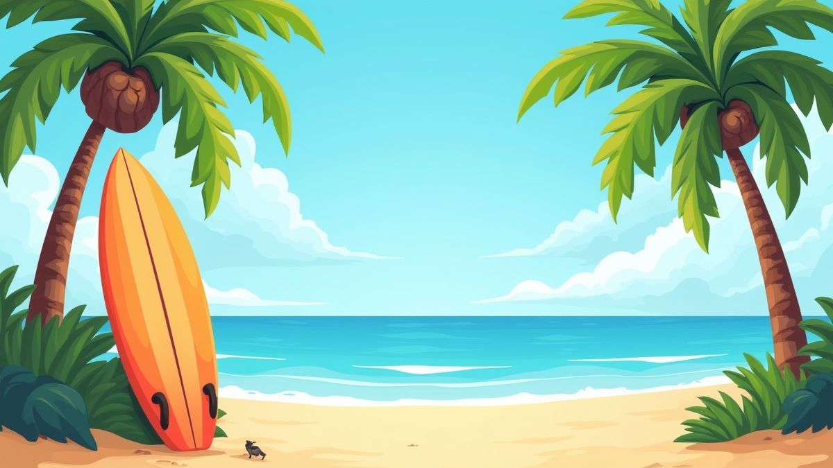 Ein animiertes Surfbrett, das an Palmen am Strand lehnt mit dem Ozean im Hintergrund.