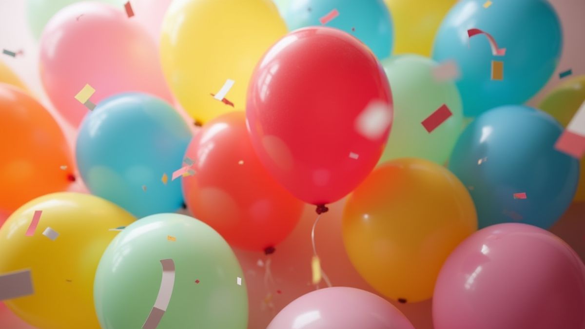 Colorful balloons with confetti falling around.