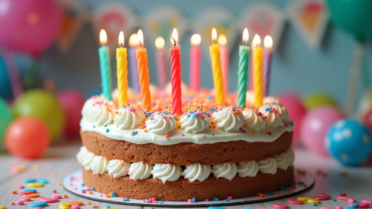 A colorful cake with candles surrounded by festive decorations.