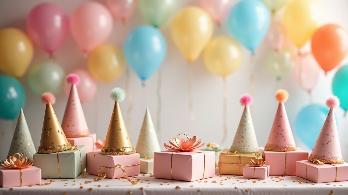 A festive table decorated with gifts, balloons, and party hats.