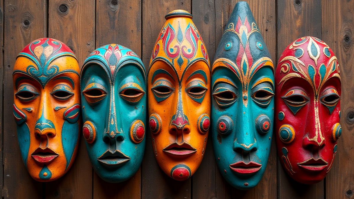 Máscaras tribales coloridas sobre un fondo de madera.