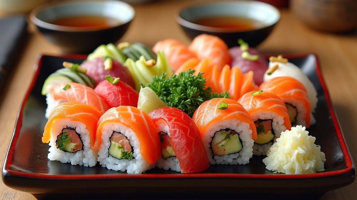 Sushi-Platte mit bunten Rollen, Sashimi und traditionellem japanischen Tee.