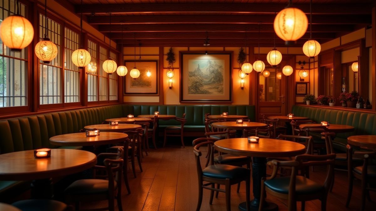 Gemütliches Interieur eines japanischen Restaurants mit Laternen und Holzmöbeln.