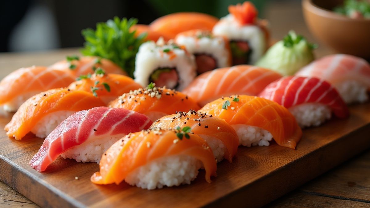 Un plat de sushi avec des rouleaux colorés et du sashimi sur une planche en bois