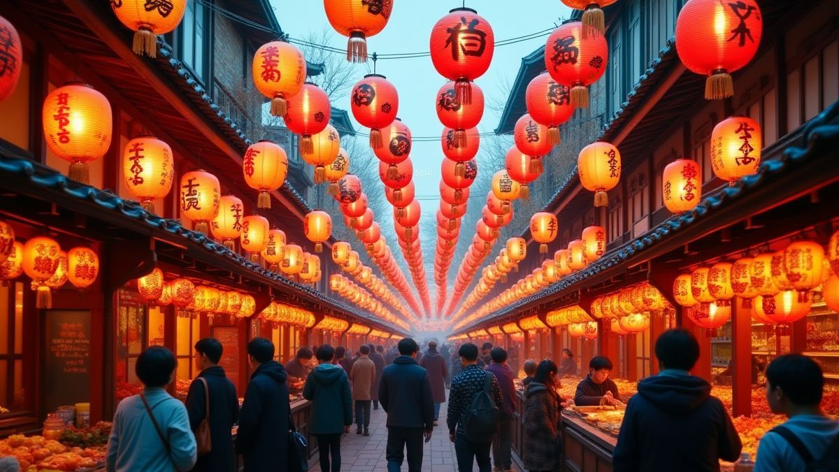 Un festival japonais avec des lanternes colorées et des stands de nourriture