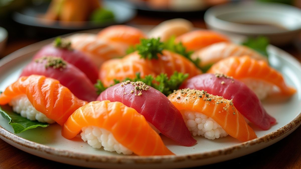 Prato de sushi com rolos coloridos e nigiri.
