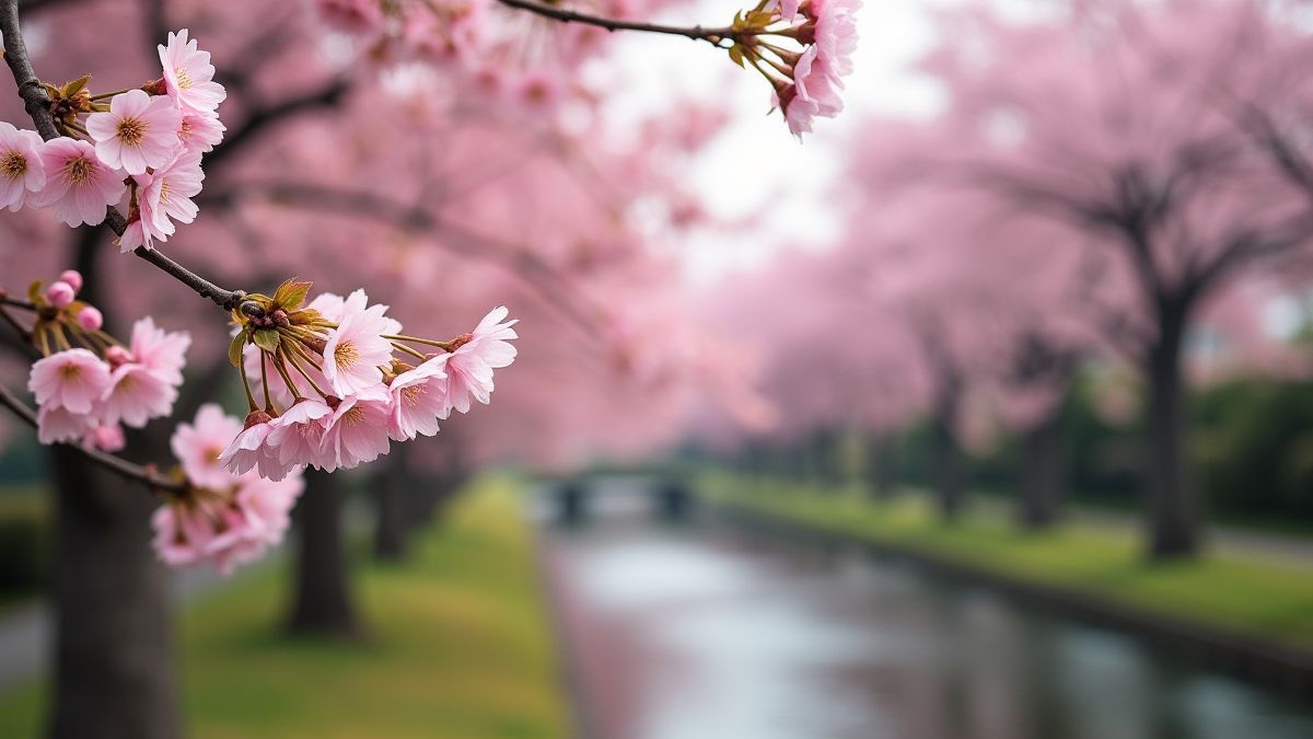 Cerezos em flor em um jardim japonês.