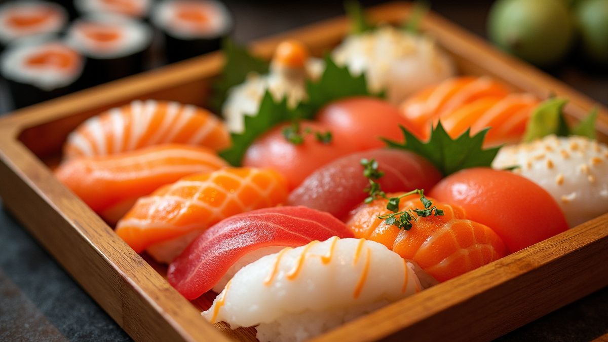 Colorful sushi platter in a wooden tray.