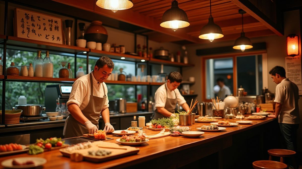 Chef preparing dishes at a Japanese sushi bar.