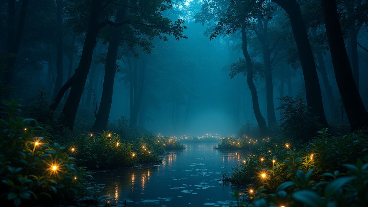 Een moeras verlicht door vuurvliegjes en magische planten.