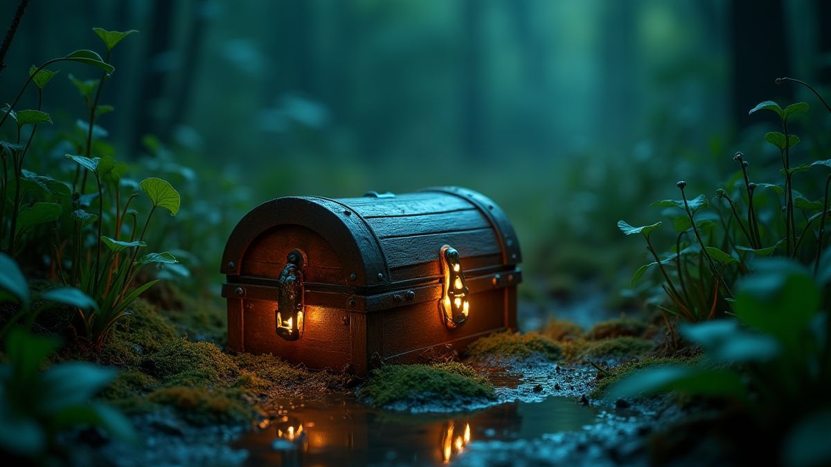 Een schatkist verborgen tussen schitterende planten in een moeras.